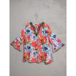 Soft Surroundings linen blend embroidered bell sleeve floral tunic womens P M